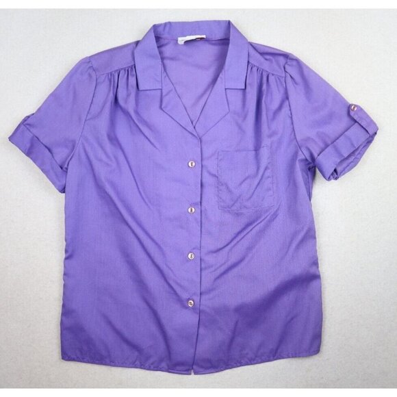 VINTAGE WOMEN'S PURPLE SHORT SLEEVE BUTTON-UP TOP - RHAPSODY - SIZE M - Picture 2 of 7